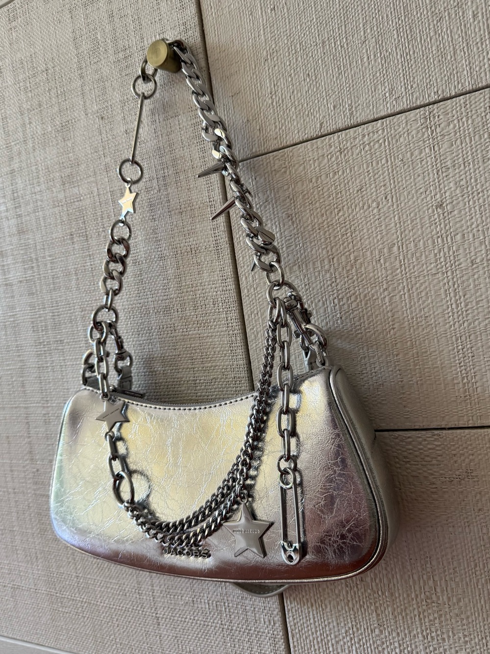 Marc Jacobs Metallic Charm Shoulder Bag Silver Crinkle Leather Chain NWT